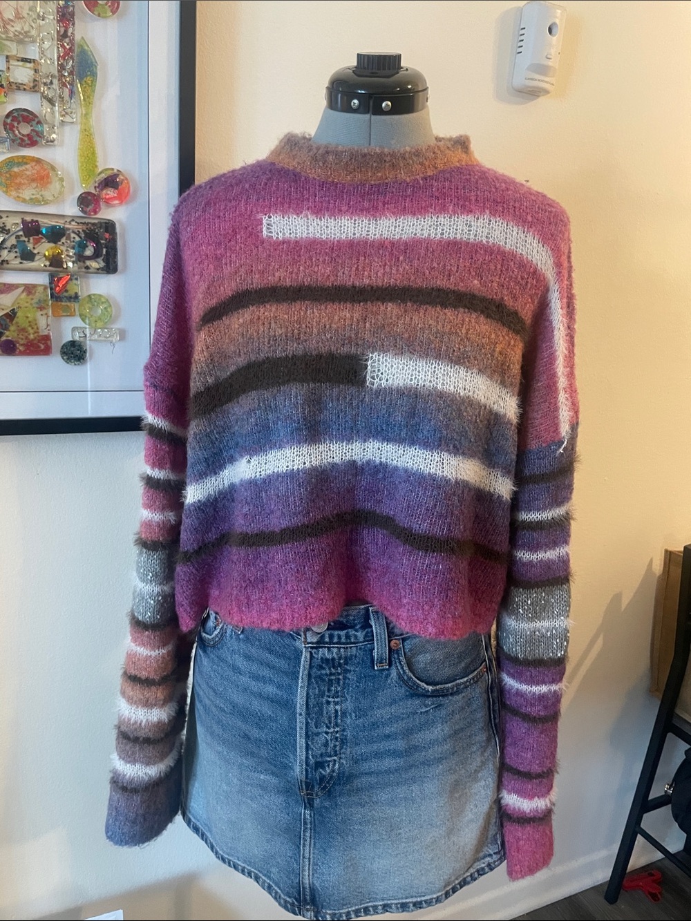 Gilded Intent Multicolor Fuzzy Striped Crewneck Sweater
